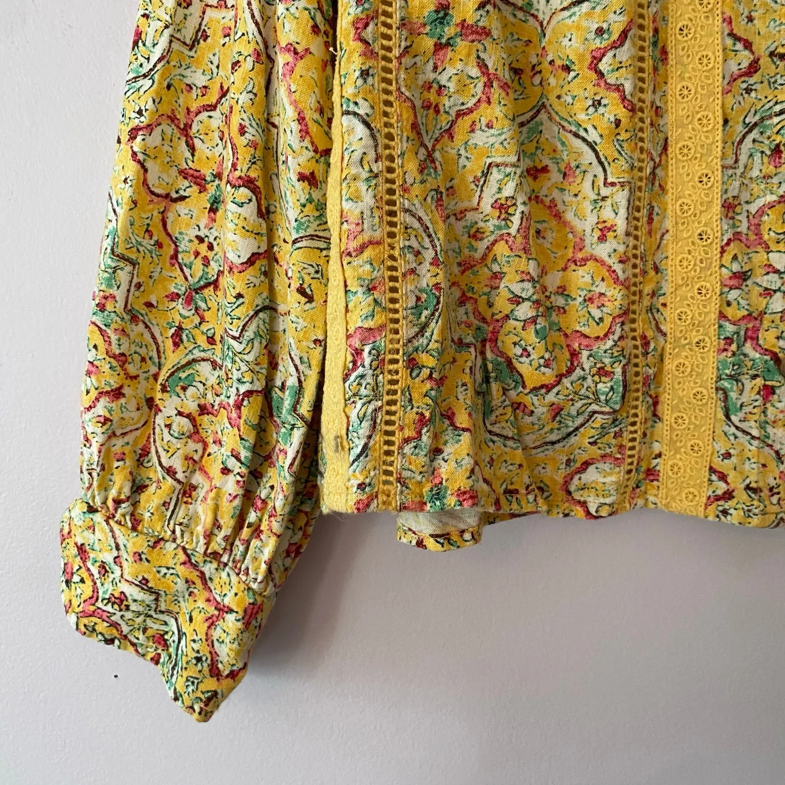 Pilcro Anthropologie Yellow Boho Button Down Peasant Blouse Fairy Women's Medium - Image 5