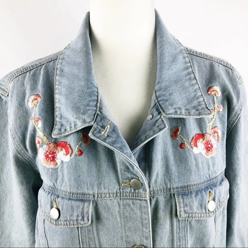 Riva Fashion Floral Boho heavily Embroidered with Cherry Blossom Jeans Jacket L Blue Size L - Image 3