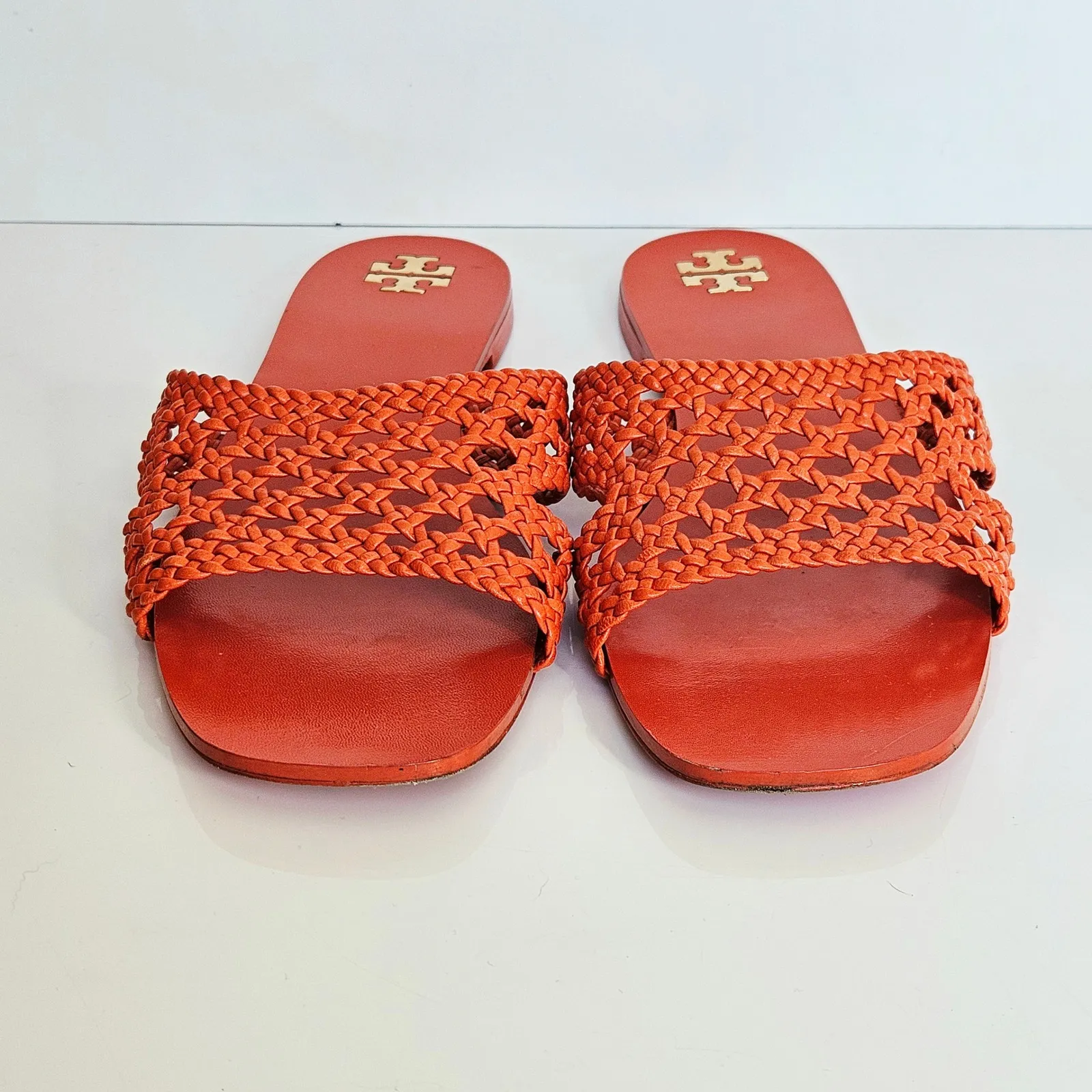 TORY BURCH Woven Flat Slide - Desert Flower Orange $298 Sz US 8.5 Preppy Summer - Image 6