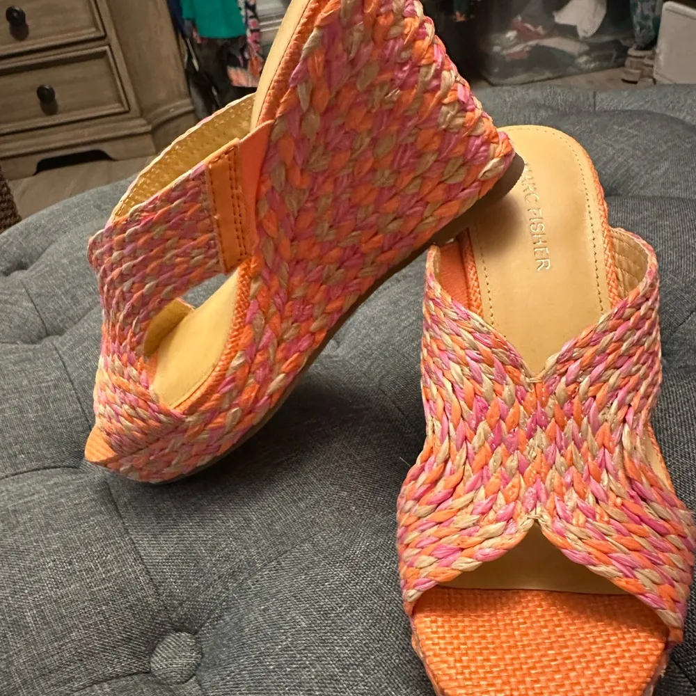 Marc Fisher Pink and Orange Woven Espadrille Wedge - Image 3