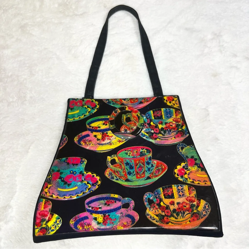 Vintage Angela Frascone Colorful Teacup Print Artistic Statement Bag Designer Black - Image 2