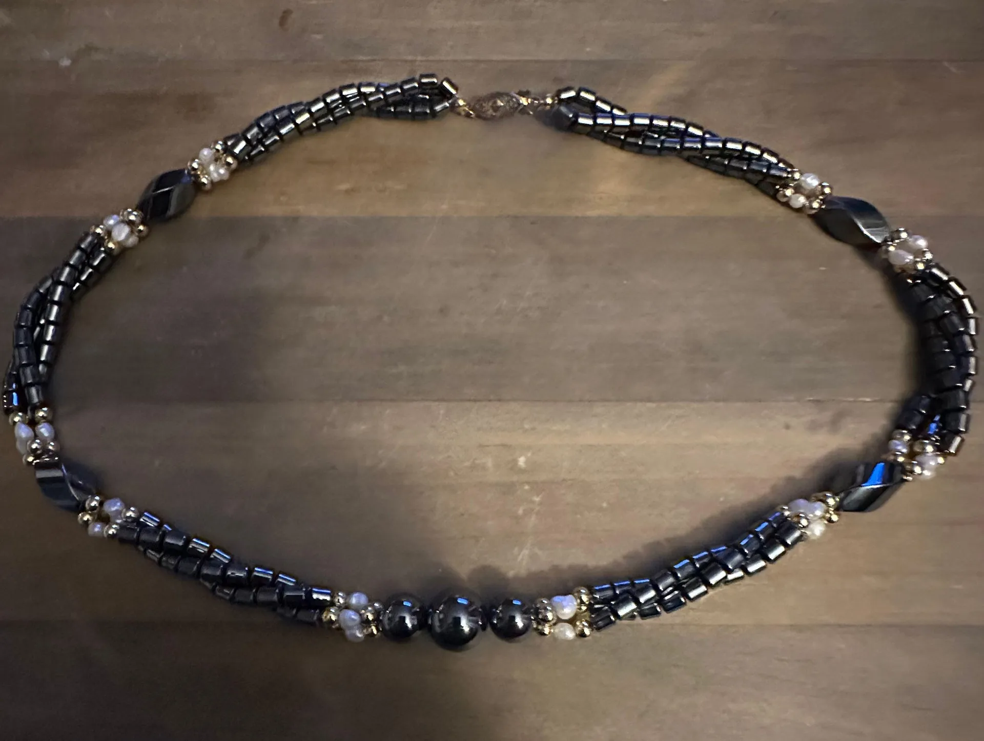 Vintage Twisted Hematite Freshwater Pearl Necklace Black - Image 4