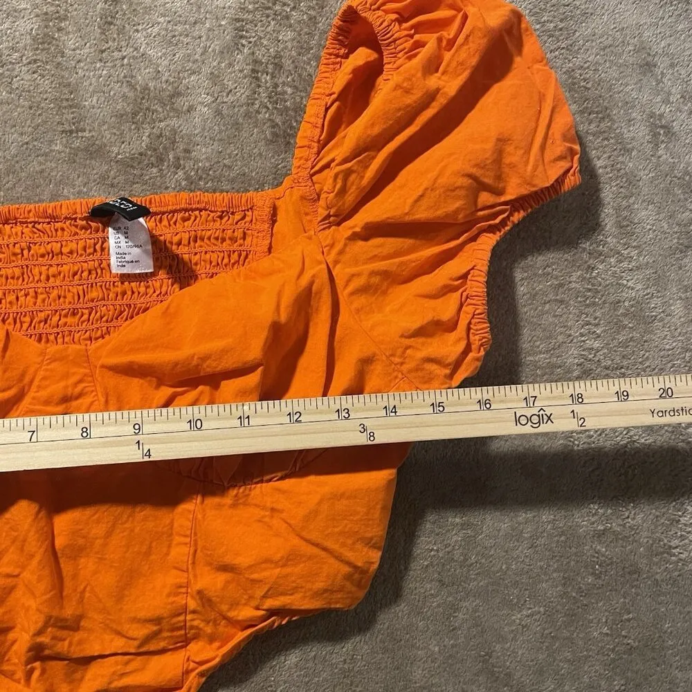 H&M Crop Top Womens Sz Medium Neon Orange Puff Sleeve Smocked Shirt Festival - Image 6