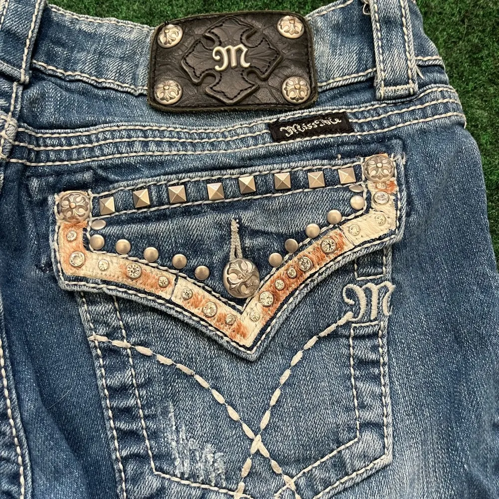 Miss Me Blue Boot Cut Jean Shorts with Decorative Back - Image 3