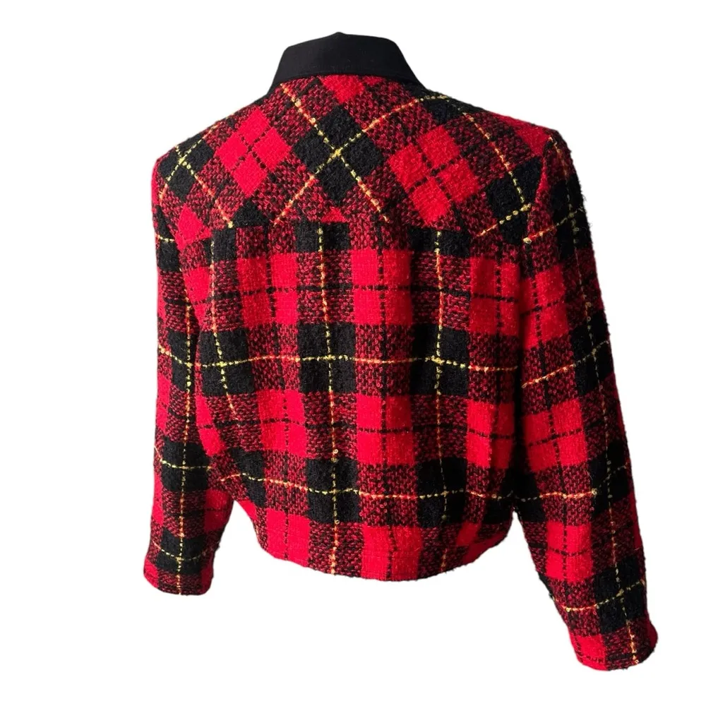 Vintage Howard Wolf Dallas Tarten Plaid Boucle Double Breasted Crop Jacket, Sz 8 Red - Image 4