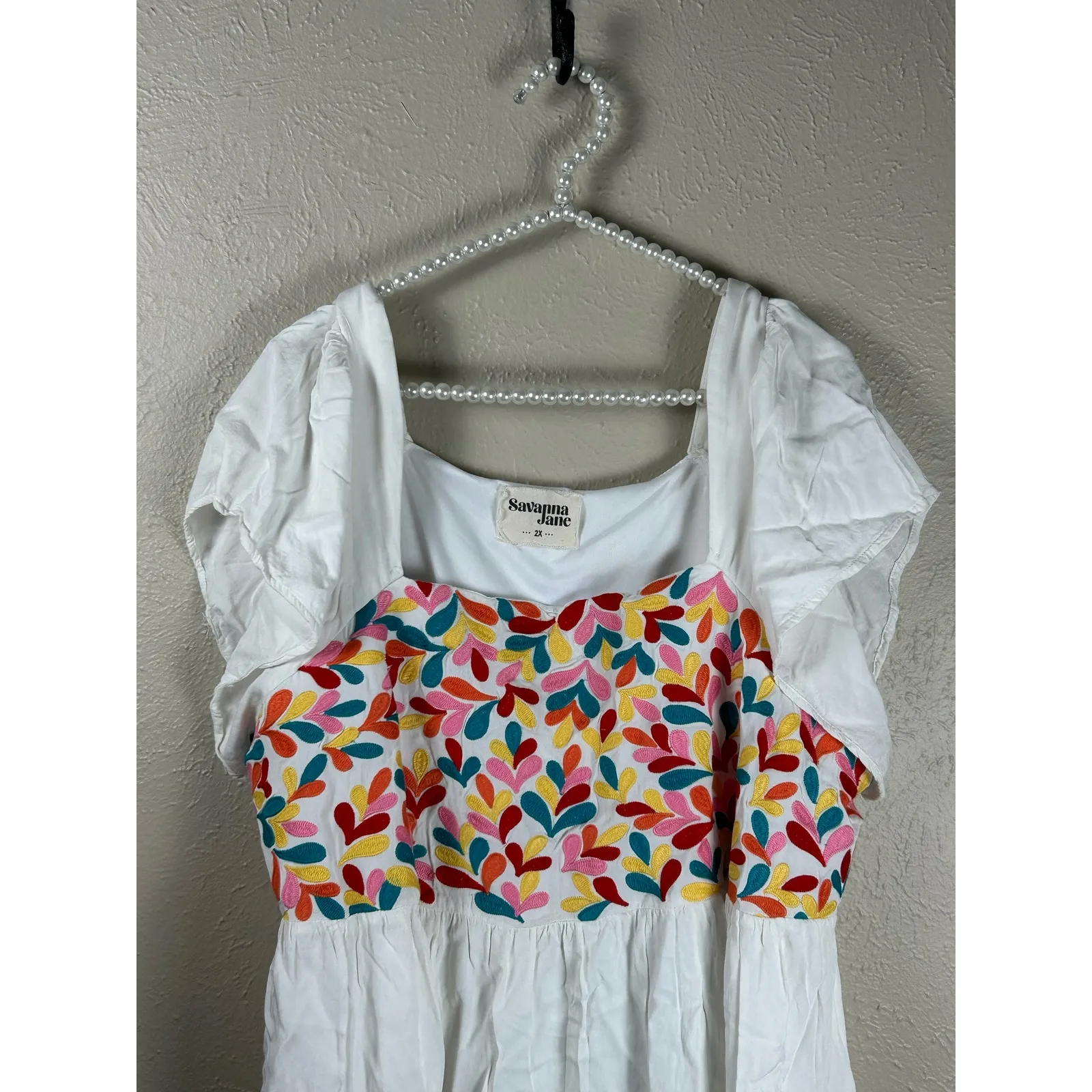 Savanna Jane Size 2X Top Babydoll Embroidered Flowy Loose Fit Cute Preppy Shirt White - Image 2