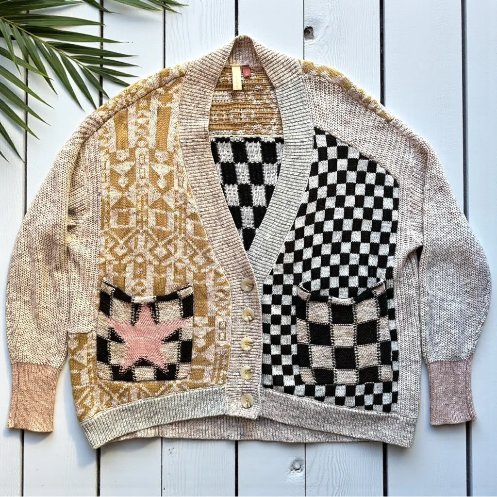 Anthropologie PILCRO Mash-up Colorblock Checkered Star Cardigan Sweater - Small - Image 7