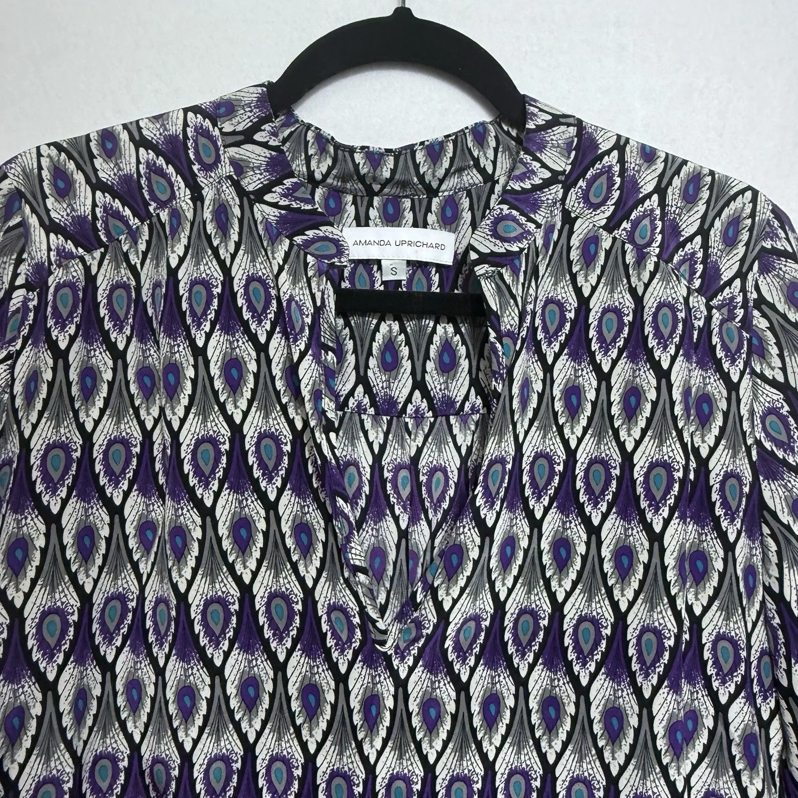 Amanda Uprichard Peacock Feather 100% Silk Split Neck Popover Blouse Top Size S Purple - Image 4