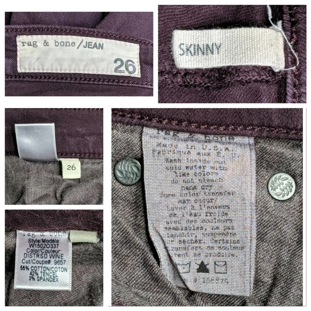 Rag & Bone/JEAN The Skinny Jeans 26 Denim Slim Bodycon Wine Burgundy Oxblood - Image 7