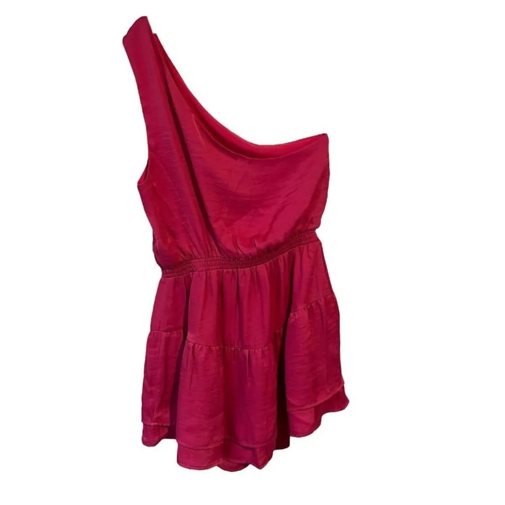 Steve Madden Dress Small Pink One Shoulder Sleeve Short Midi A Line Satin NEW - Image 10