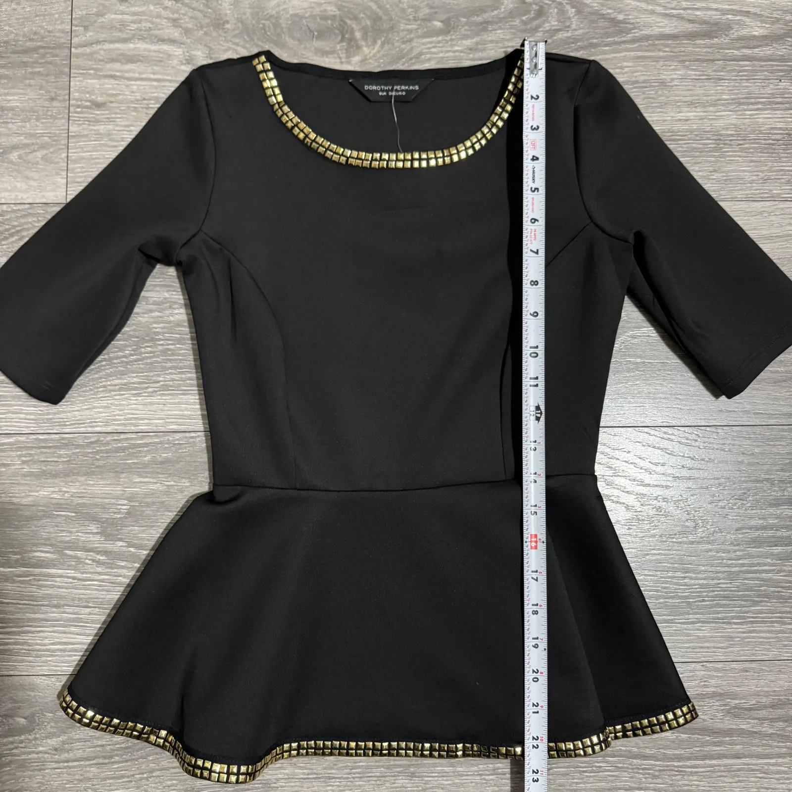 New Dorothy Perkins Black Peplum Top Gold Studded Neckline Hem Women Size XS - Image 8