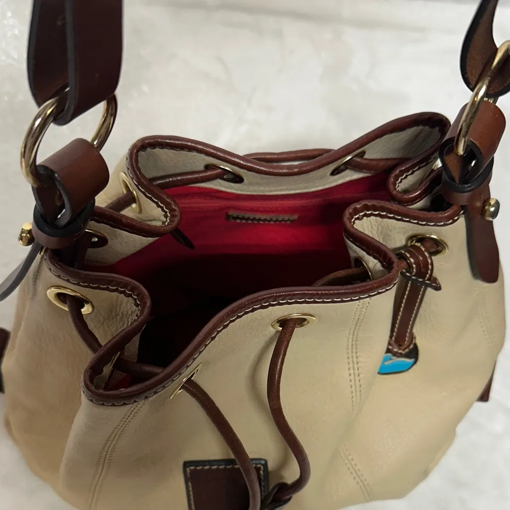 Dooney & Bourke Tan and Brown Leather Hobo Drawstring Bag - Image 13