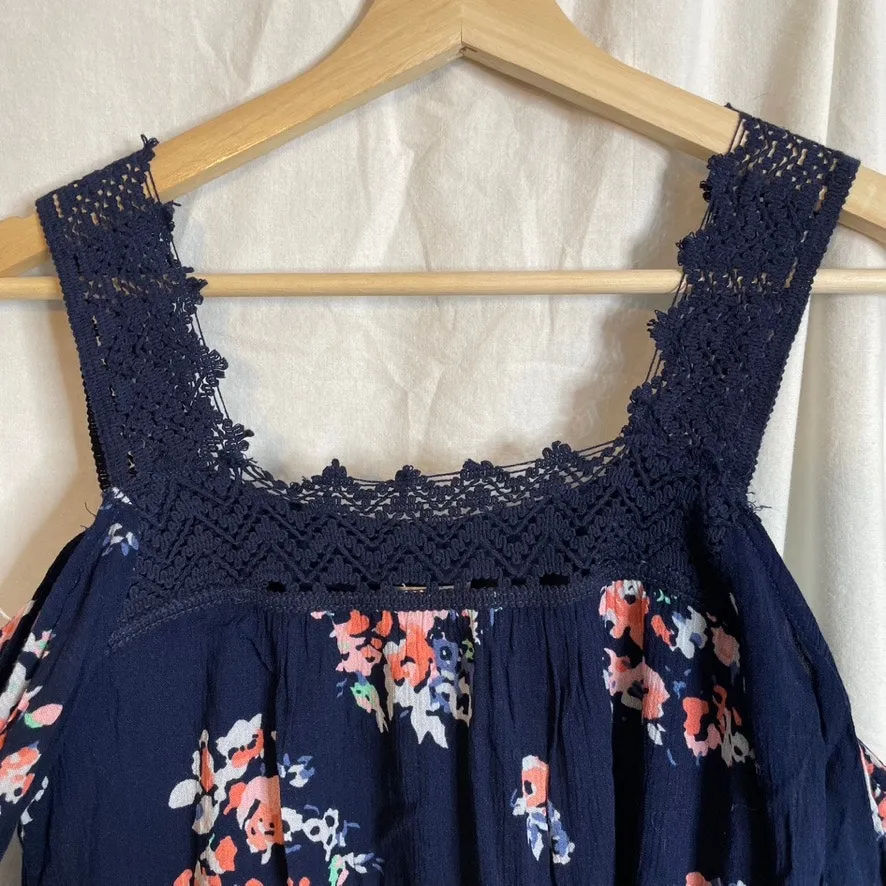 XHILARATION Longsleeve Cold‎ Shoulder Dark Floral Navy Dress Lace Extra Small XS - Image 3