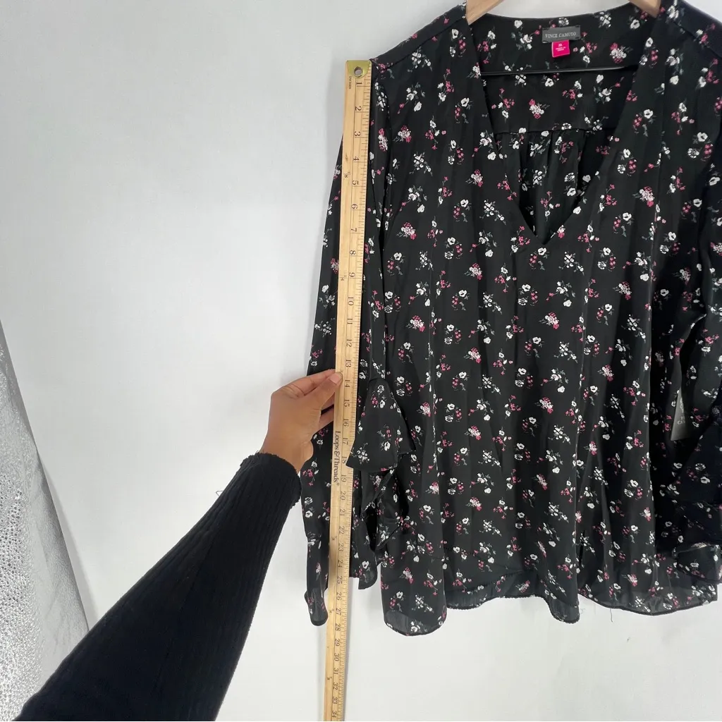 Vince Camuto Black Satin Floral Print Floral Layered‎ Front Ruffle Sleeve Blouse - Image 12