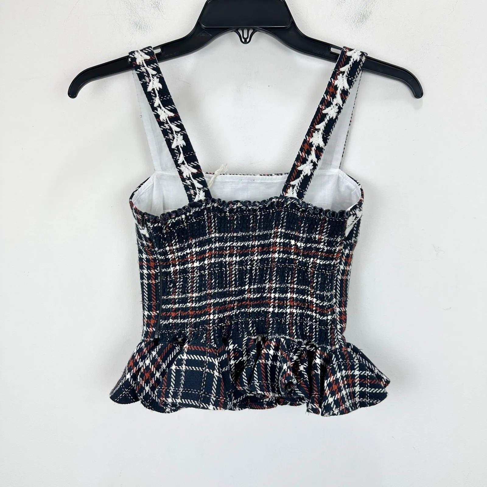 FANM MON Tweed Tartan Plaid Embroidered Square Neck Peplum Top XS NWT Blue - Image 8