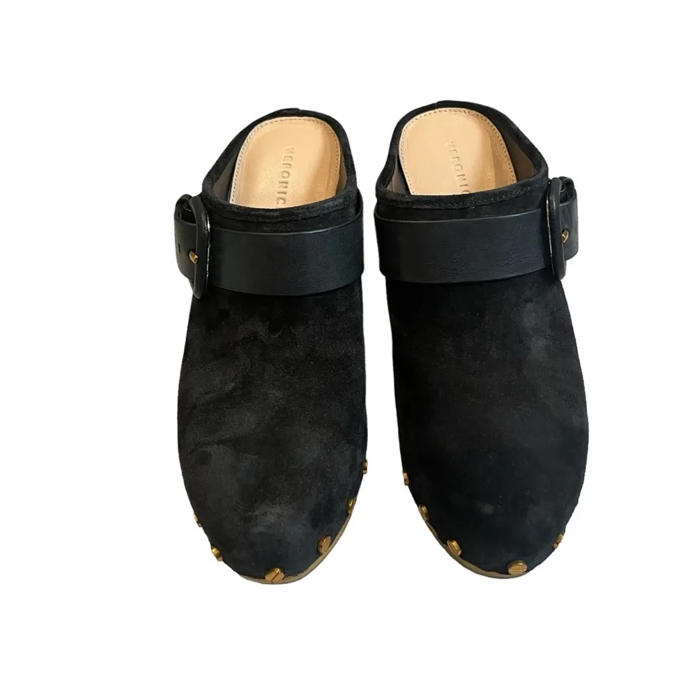NWOT, Veronica Beard Dacey Black Suede Wooden Platform Clog, Gold Studs, Sz 6.5 - Image 8