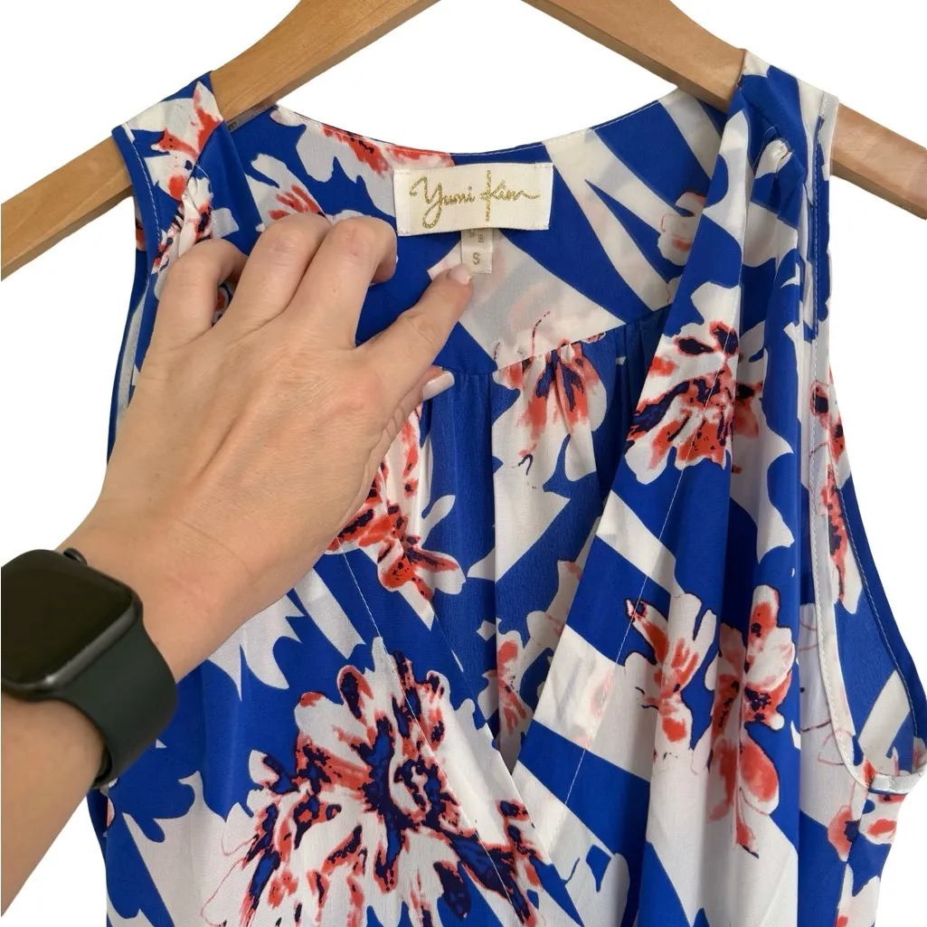 Yumi Kim Silk Revolve Floral Blue Pink and White Sleeveless Wrap Midi Dress S - Image 7