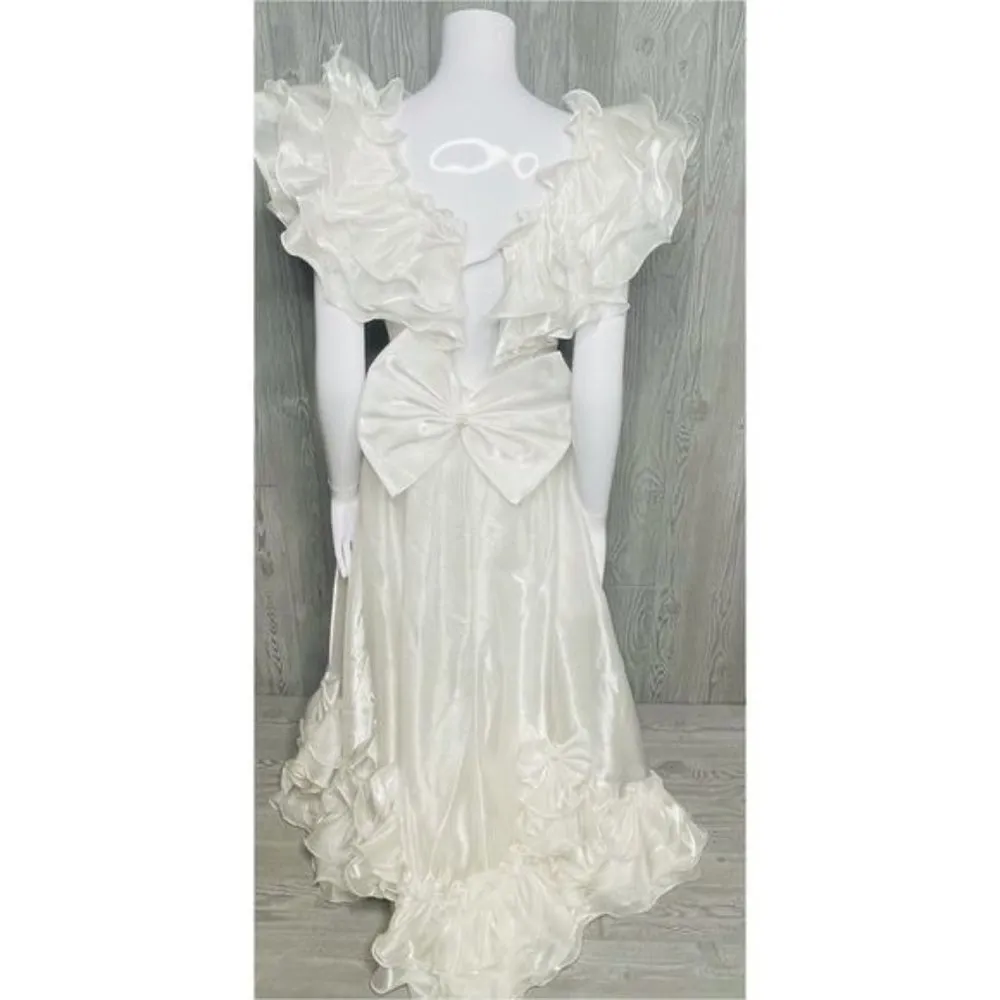 Vintage 80s bonny fashion best quality chiffon tulle ruffle dress with bow detai White Size 8 - Image 4