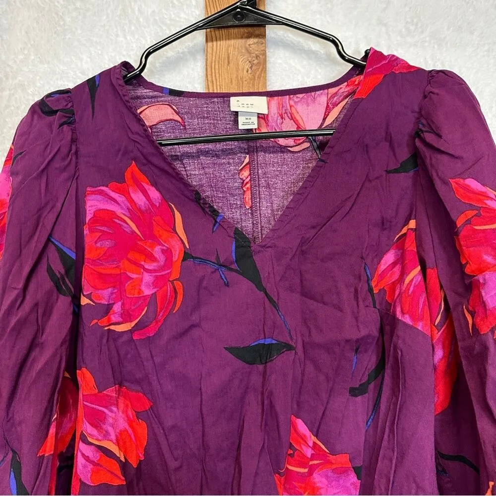 A new day Voile Purple & Pink Floral 3/4 Puff‎ Sleeve Top Size XS - Image 3