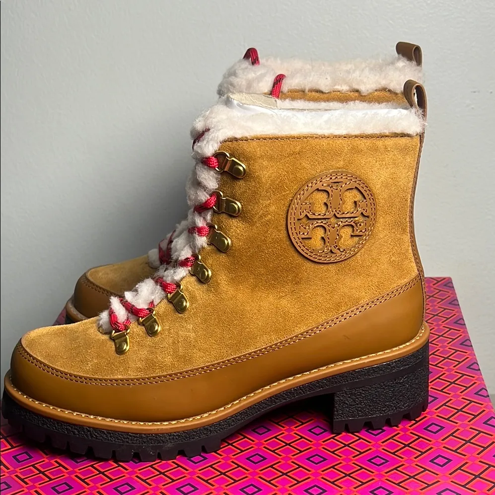 TORY BURCH thea shearling boots size6 color/rhum natural 202 rubberized leather - Image 3
