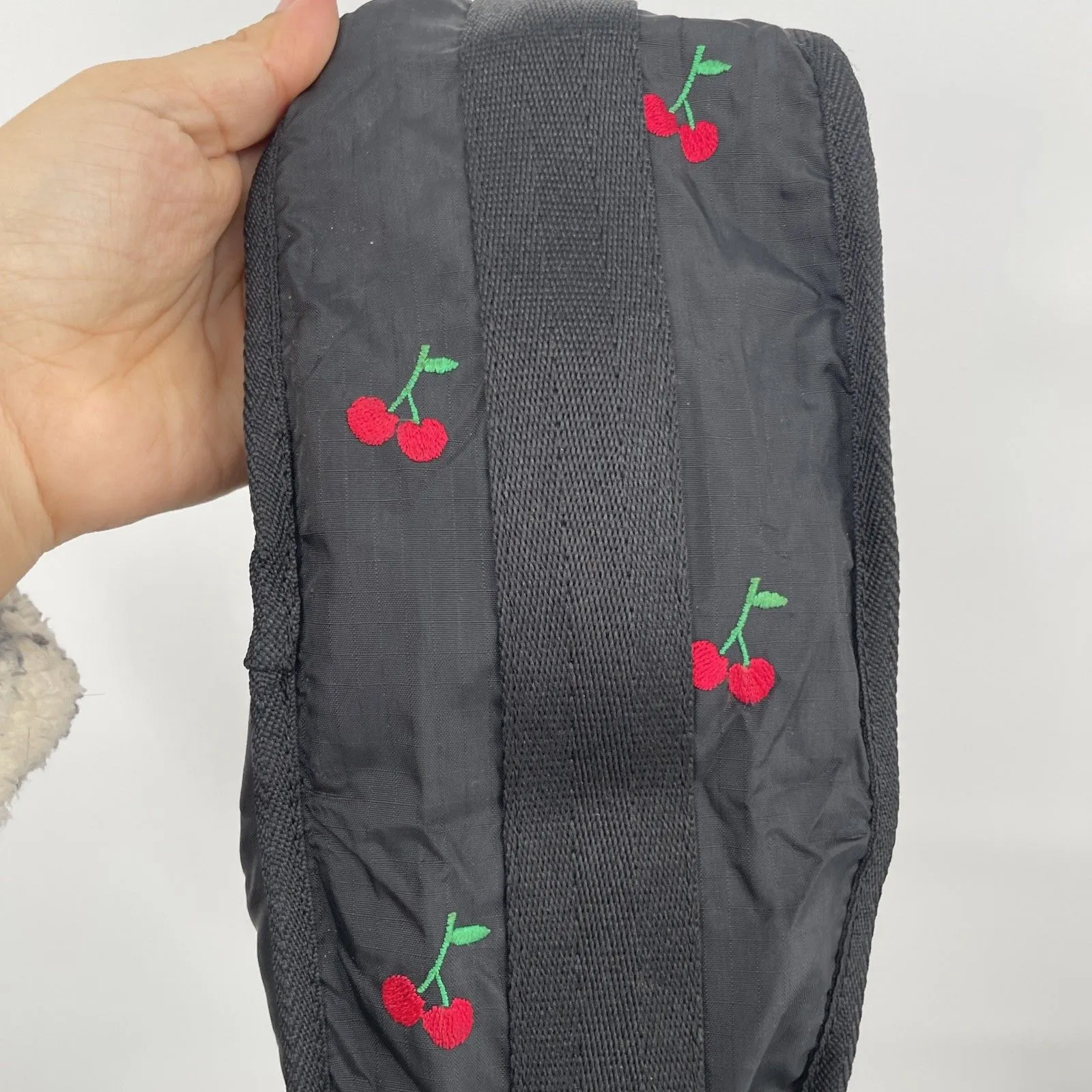 LeSportsac HTF Red Cherries Embroidered Shoulder Bag Purse Clean Black - Image 6