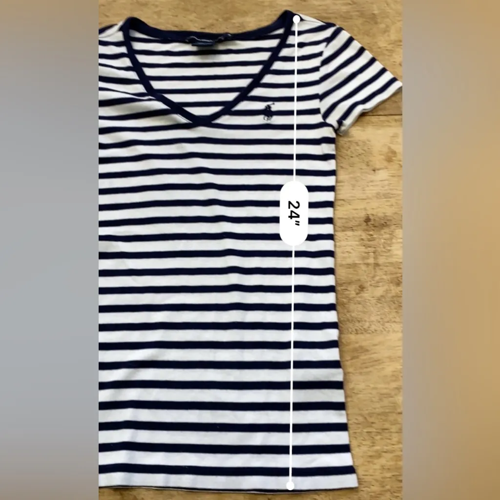 Ralph Lauren Sport Women’s Sz Small‎ V Neck Navy/White Stripe Short Sleeve Tee - Image 7