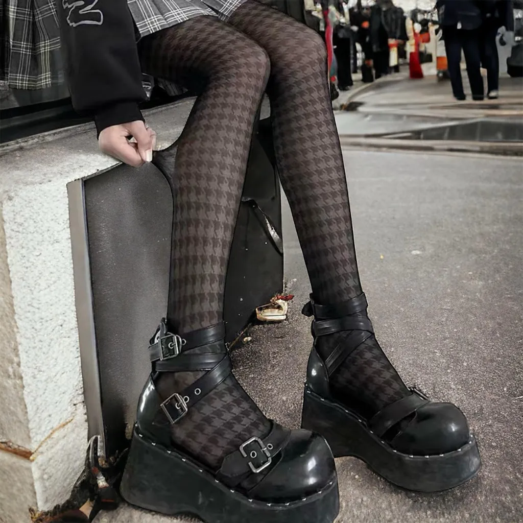 Houndstooth Black‎ Pantyhose, High Waist Elastic Footed Pantyhose One Size Black - Image 12