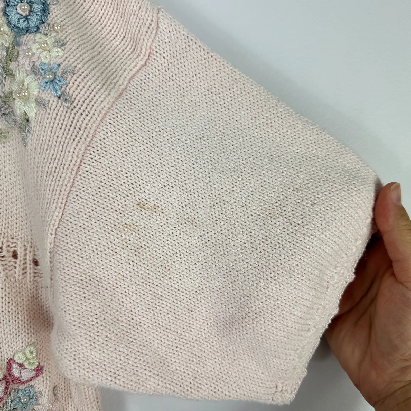 Vtg 90s Carolyn Taylor Embroidered Floral Top Large Pink‎ Knit Cottage Soft Girl - Image 2