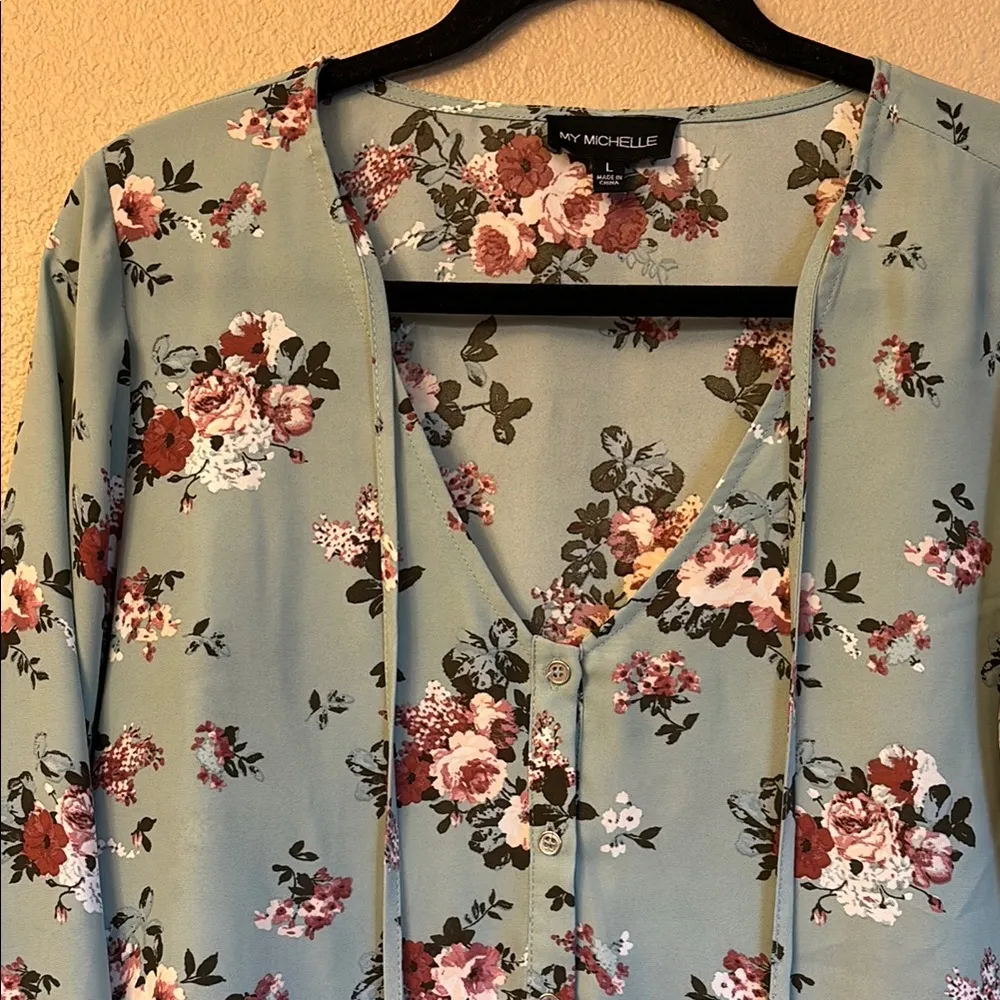 LARGE Multicolored Floral V-Neck Long Sleeve Peasant Blouse Aqua - Image 6