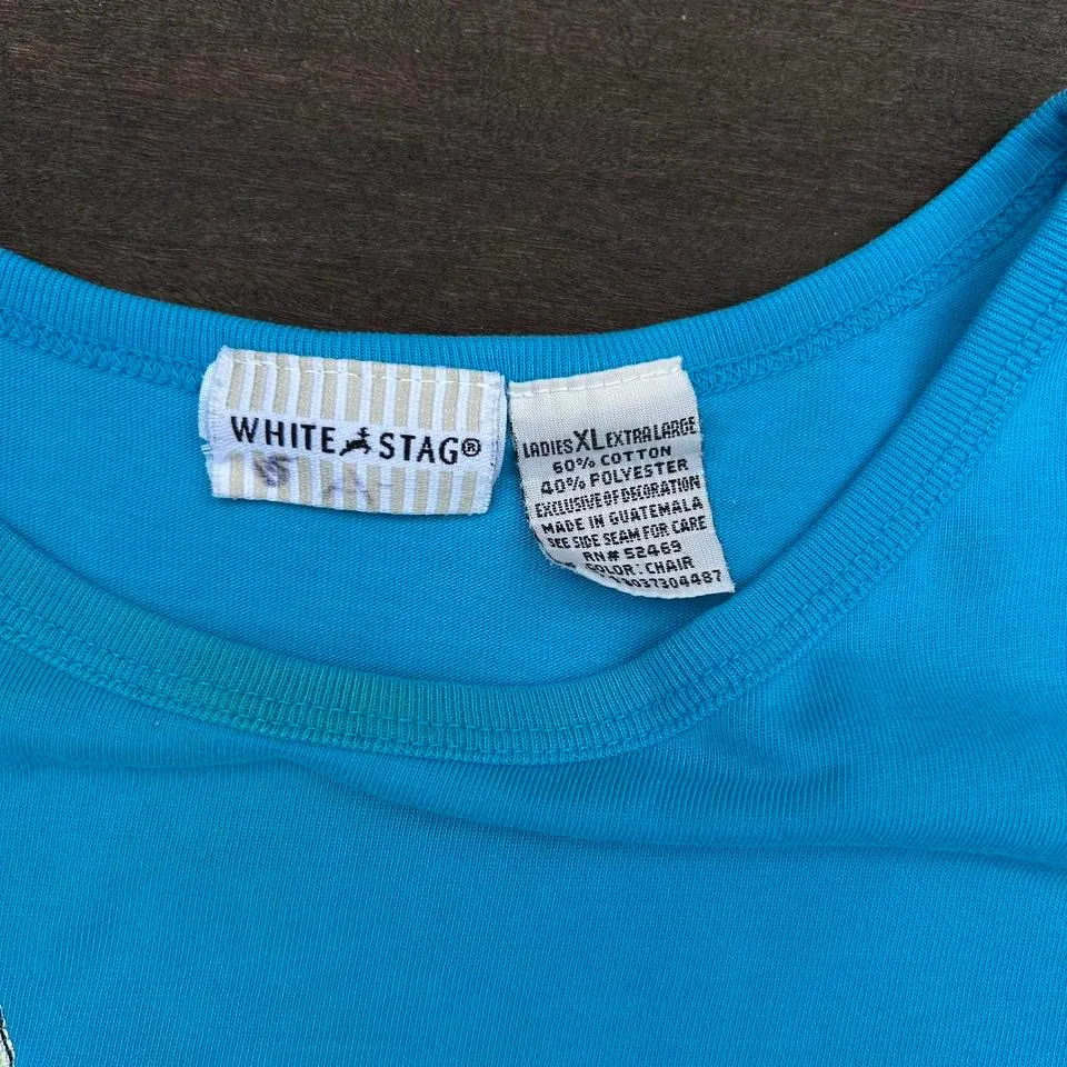 Vintage Blue White Stag Graphic Tee w/ Garden Chair and Flowers - Image 3