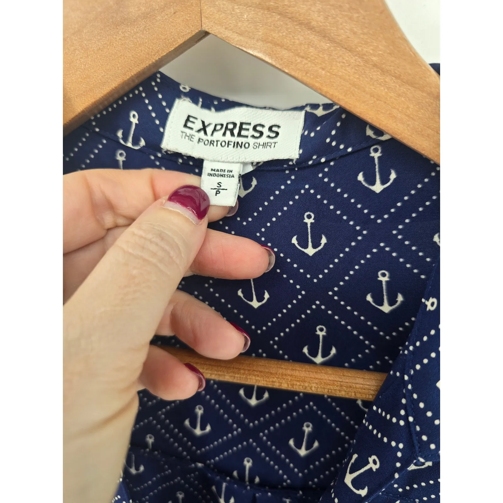 EXPRESS Portofino Shirt Navy Anchor Print Long Sleeve Button Up Blouse Small - Image 2