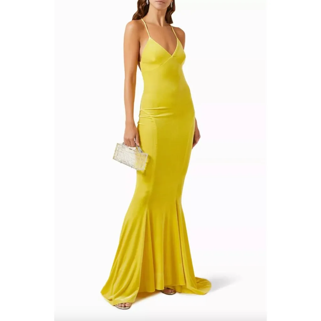 Norma Kamali Velvet Low Back Slip Mermaid Fishtail Gown YELLOW Buttermilk Womens - Image 3