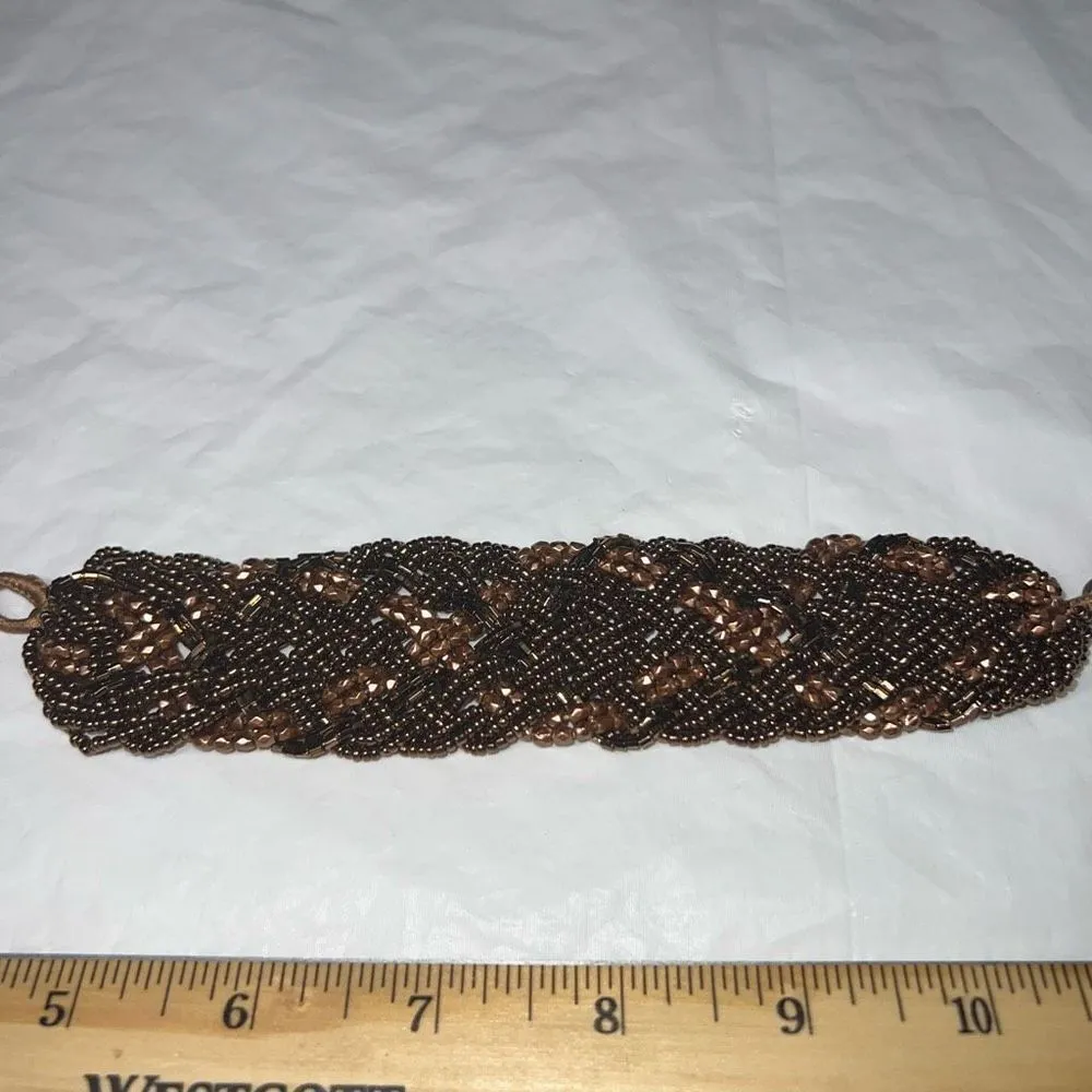 Vintage Seed Bead Braided Thick Cuff Bracelet Brown - Image 2