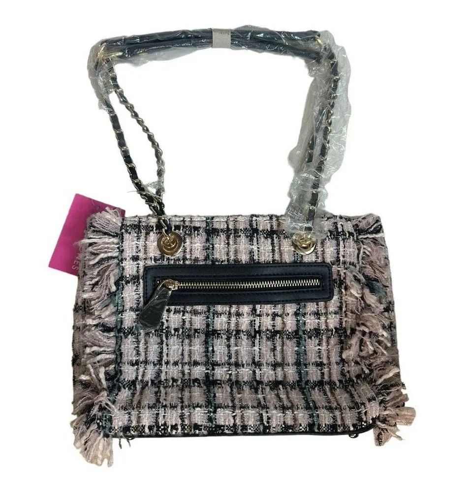 Sassy Jones Pink Black Tweed Fringe Status Handbag Purse Tote Chain Strap NEW - Image 9