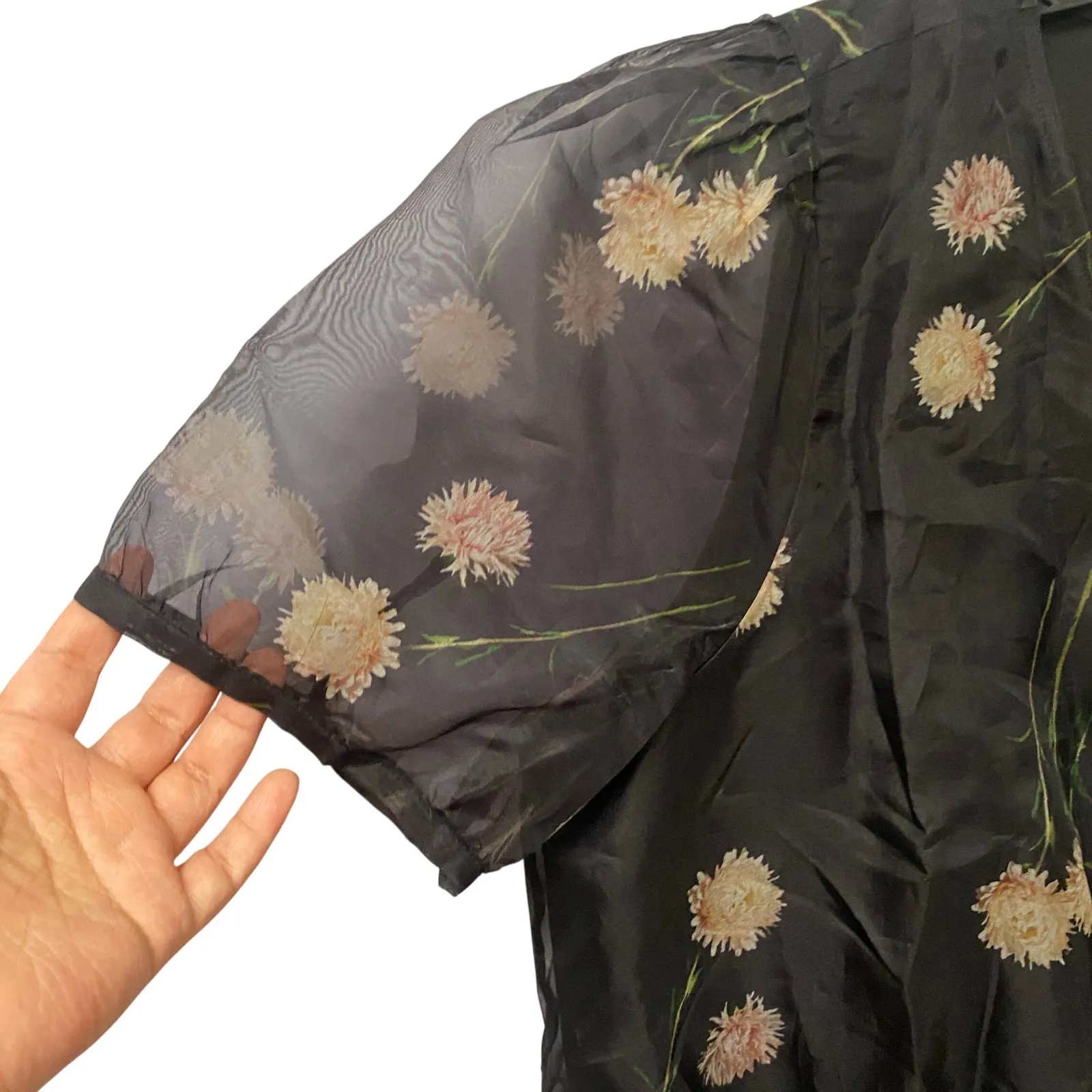 Madewell Black Floral Academia Sheer Puff Sleeve Wrap Top XL Career Work Formal - Image 4