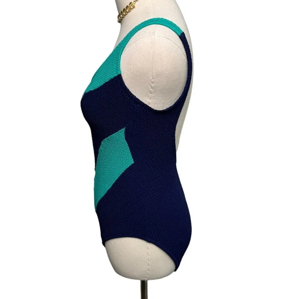 Vintage Robbie Len waffle knit Chevron leotard swimsuit size S/M Blue - Image 3