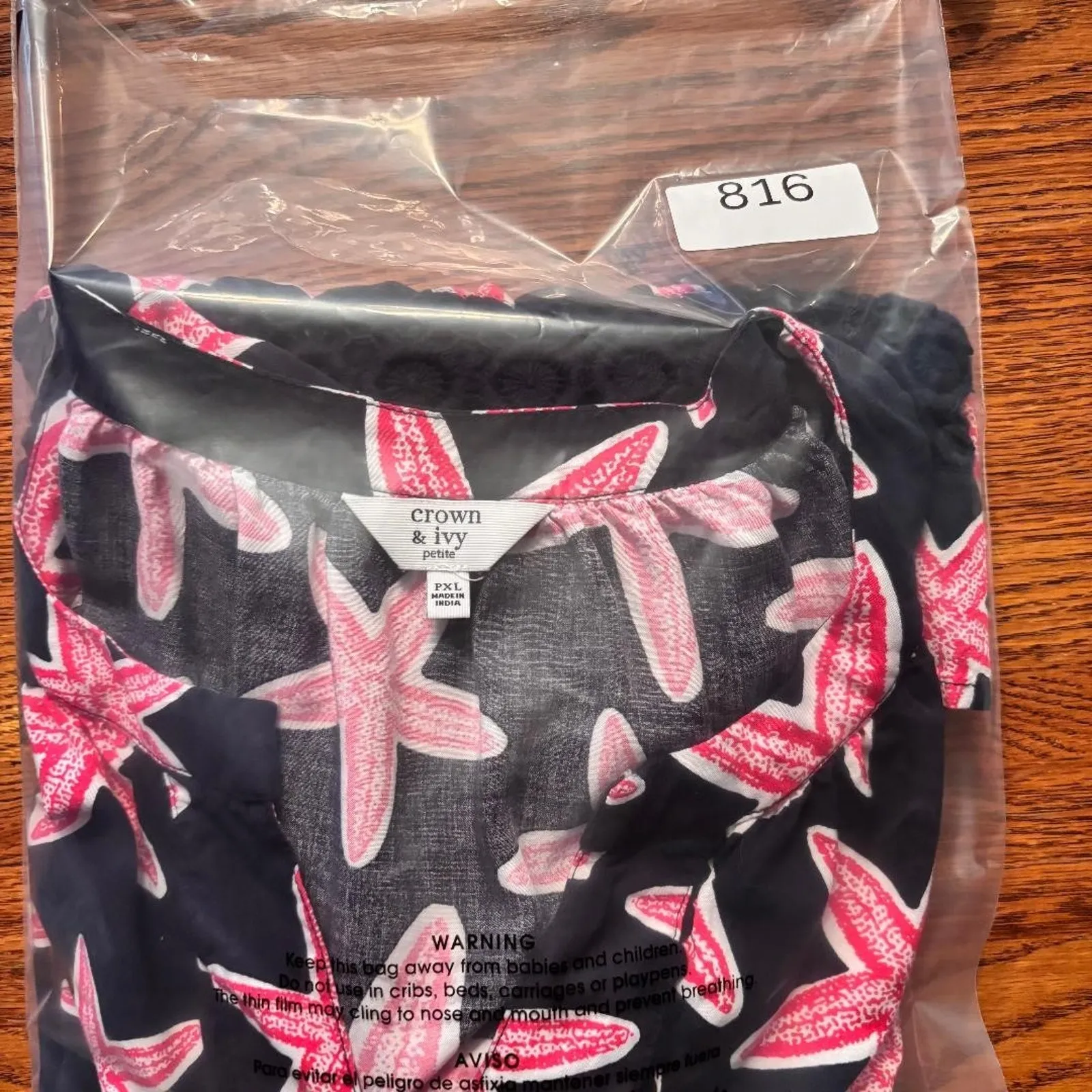 Crown & Ivy Petite Blouse 3/4 Bell Sleeve Navy & Pink Starfish Women's Size PXL - Image 8