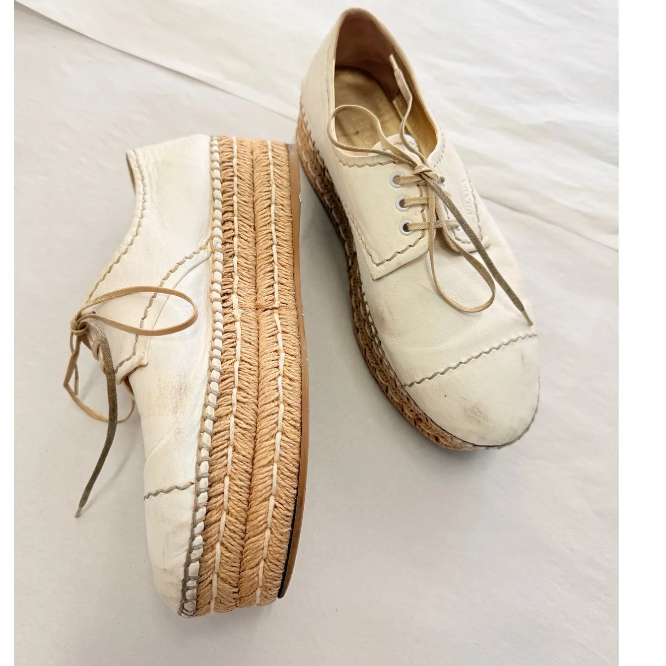 Prada  2024 Leather Platform Espadrilles‎ EU 37.5 US 7.5 Off-White - Image 3