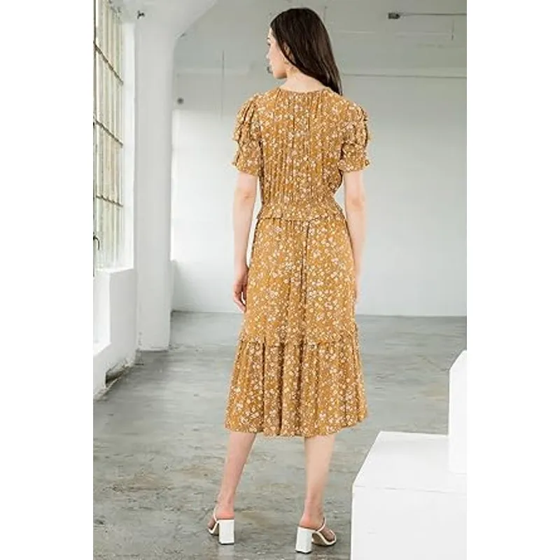 THML Floral‎ Tiered Ruffle Midi Dress Mustard Size XS - Image 2