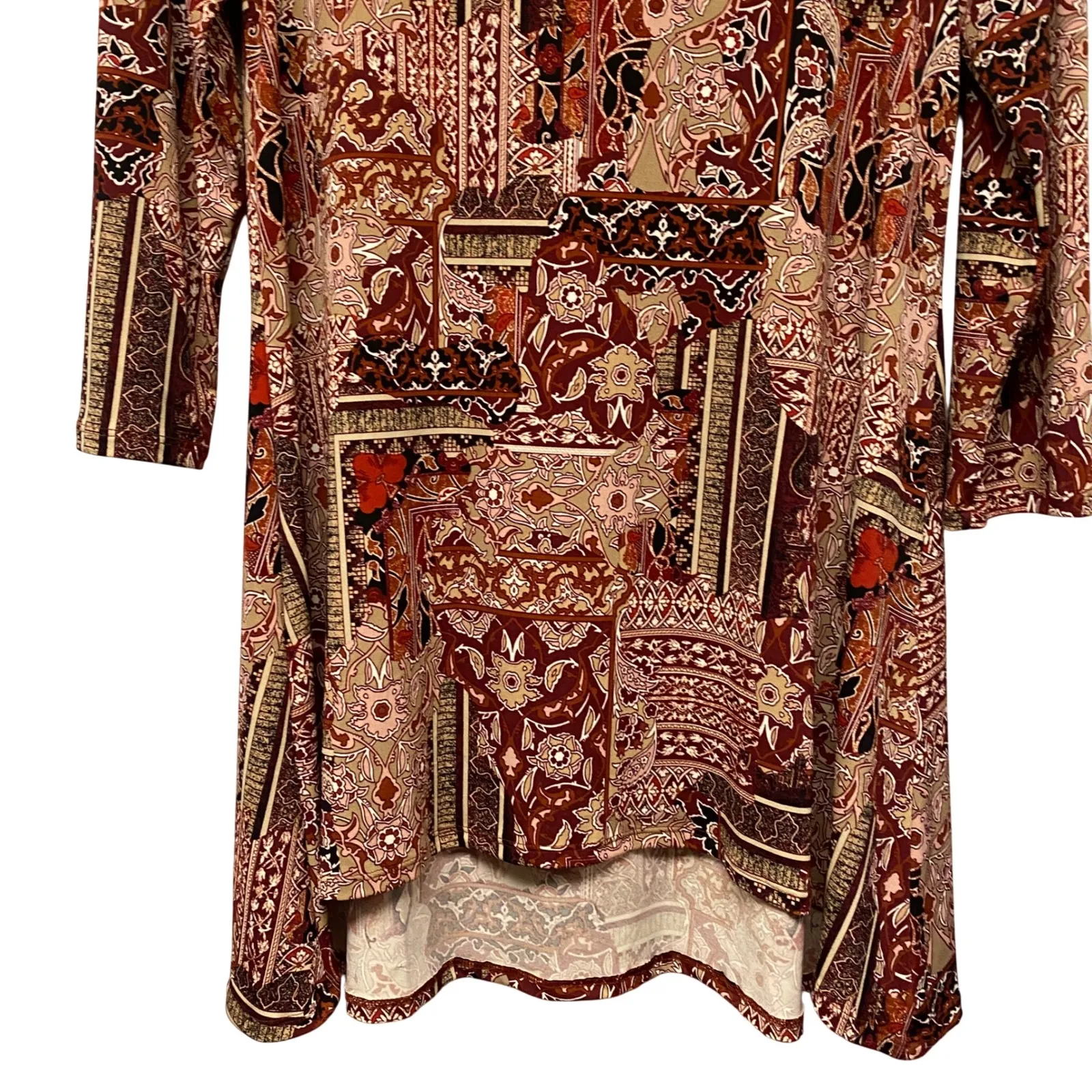 NWT Chicos 00 Tunic Liquid Knit Top 3/4 Sleeve Warm Multi Mix Media Pattern - Image 3