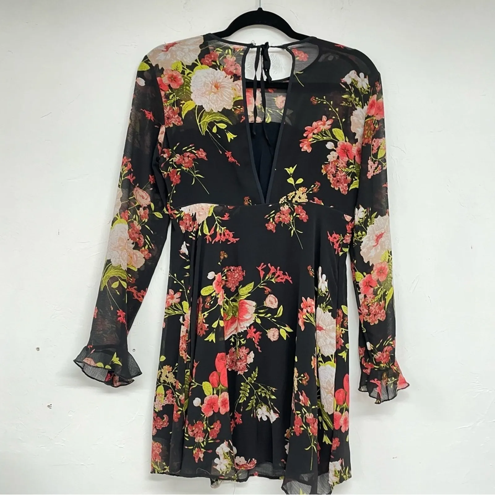 Kimchi Blue Urban Outfitters Black & Pink Floral Flared Cuff Mini Dress XS Boho - Image 7