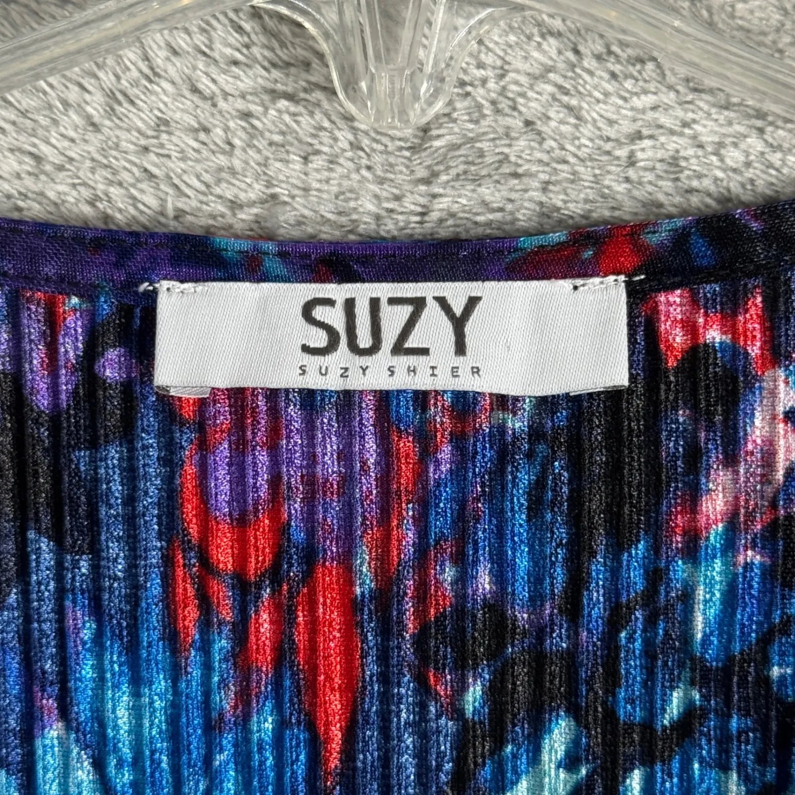 Suzy Shier Shirt Blue Pink Floral Flowers Pleated Crop‎ Blouse Wrap Top Size M - Image 6