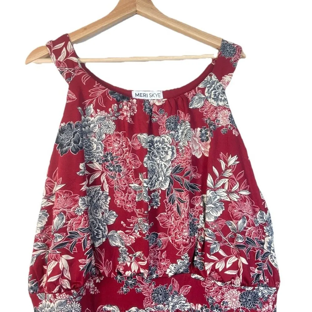 Meri Skye Dress‎ 4X Plus Sleeveless Sheath Burgundy Floral Midi Stretch Office Red - Image 2