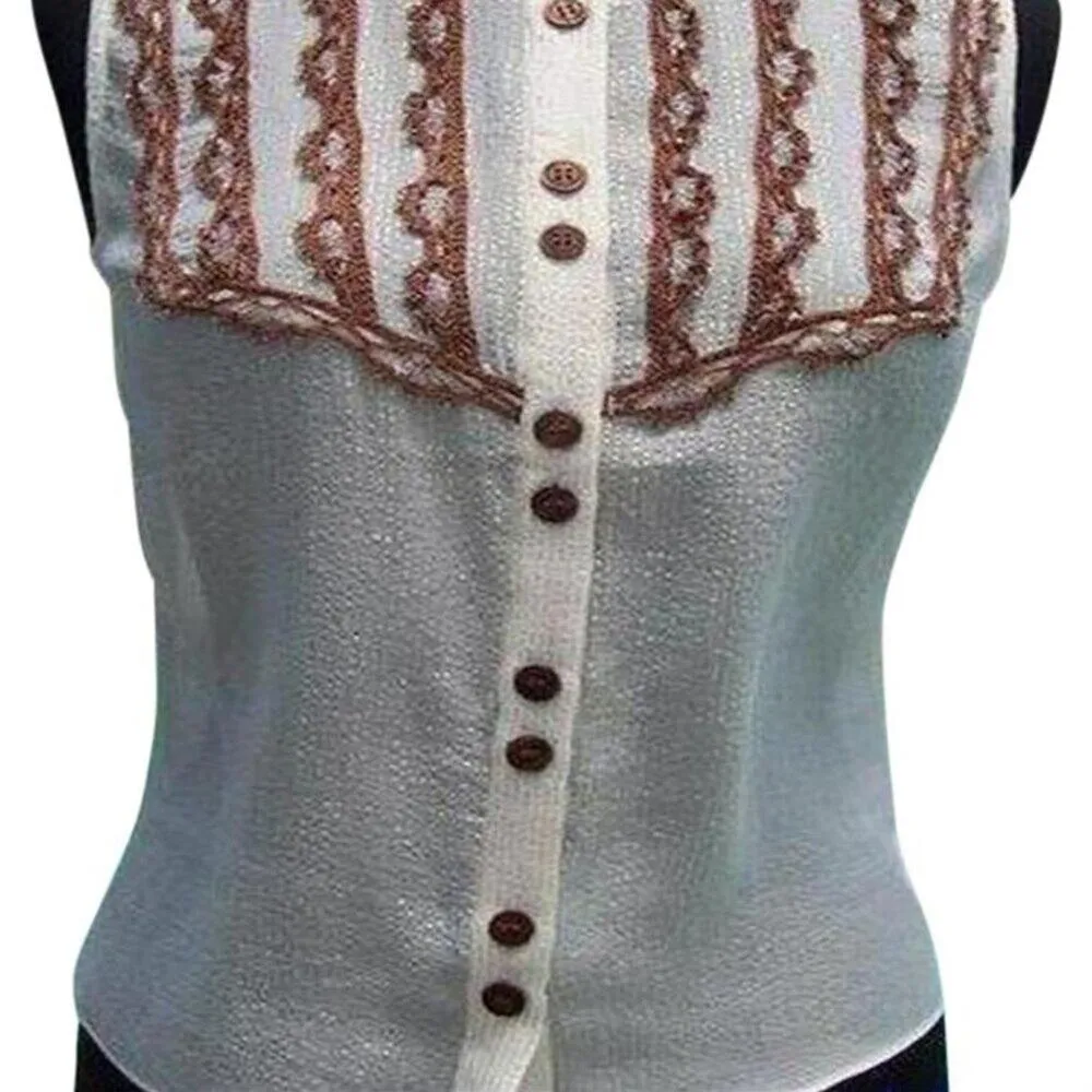 Cache Ivory Silk Gold Lurex Sparkle Hand Crochet Brown Beads Top $118 New NWT - Image 3