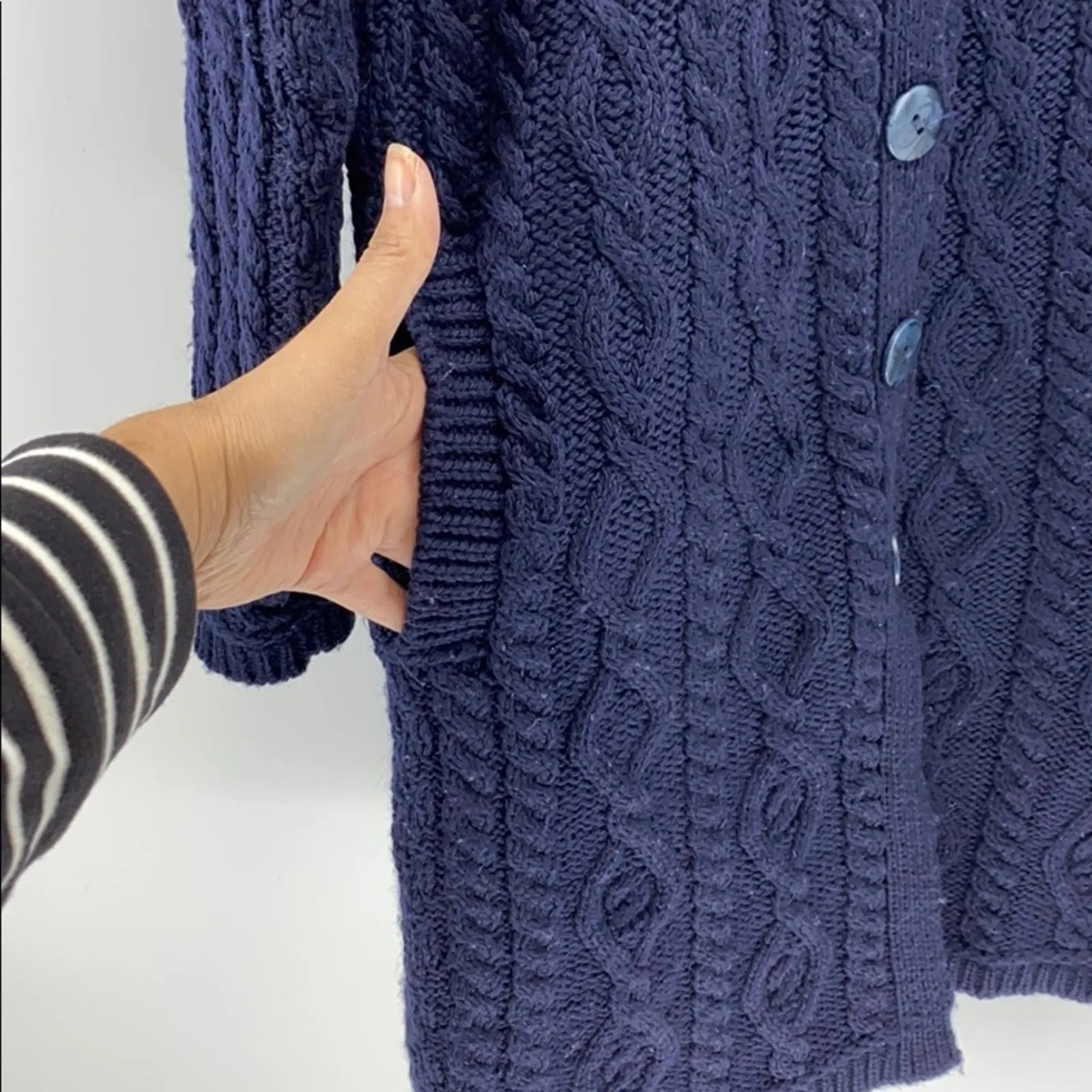 Aran Crafts Ireland 100% Merino Wool cable knit hooded sweater size XS fisherman Blue - Image 6