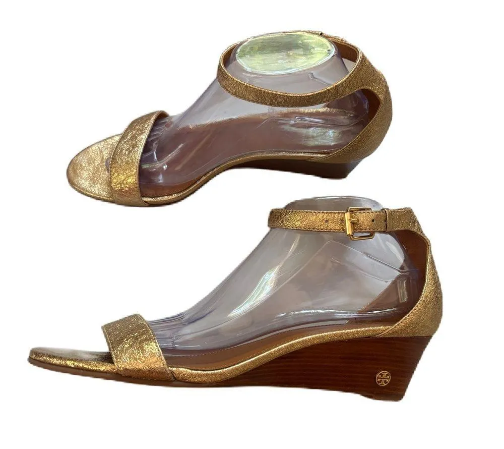 Tory Burch Gold Savannah Wedge Sandal Logo Wedges Heels Size 10 Crackle Metallic - Image 10