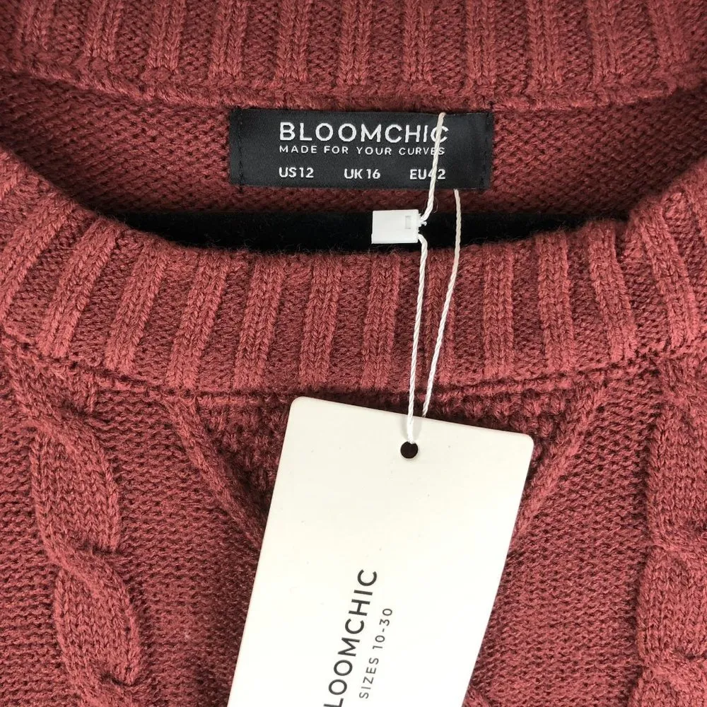 Bloomchic Pointelle Knit Round Neck Geometric Cable Knit Sweater Burgundy 12 - Image 10
