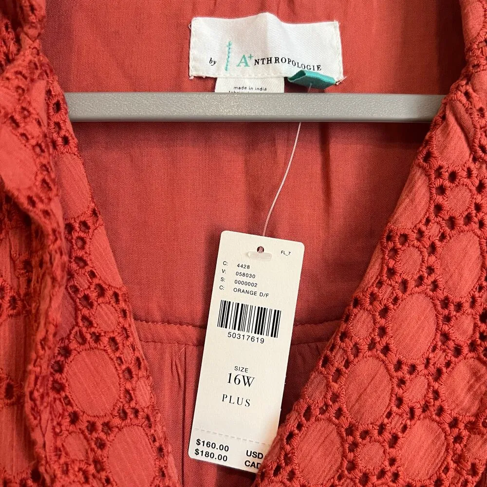 Anthropologie Elm Collared Dress 16W Midi Eyelet Burnt Orange Belted Sleeveless - Image 8