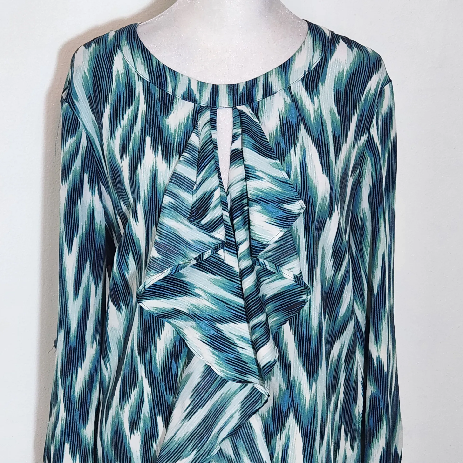 New York & Company Blue and Green Print Blouse Size Medium Ruffle Neck Top - Image 2