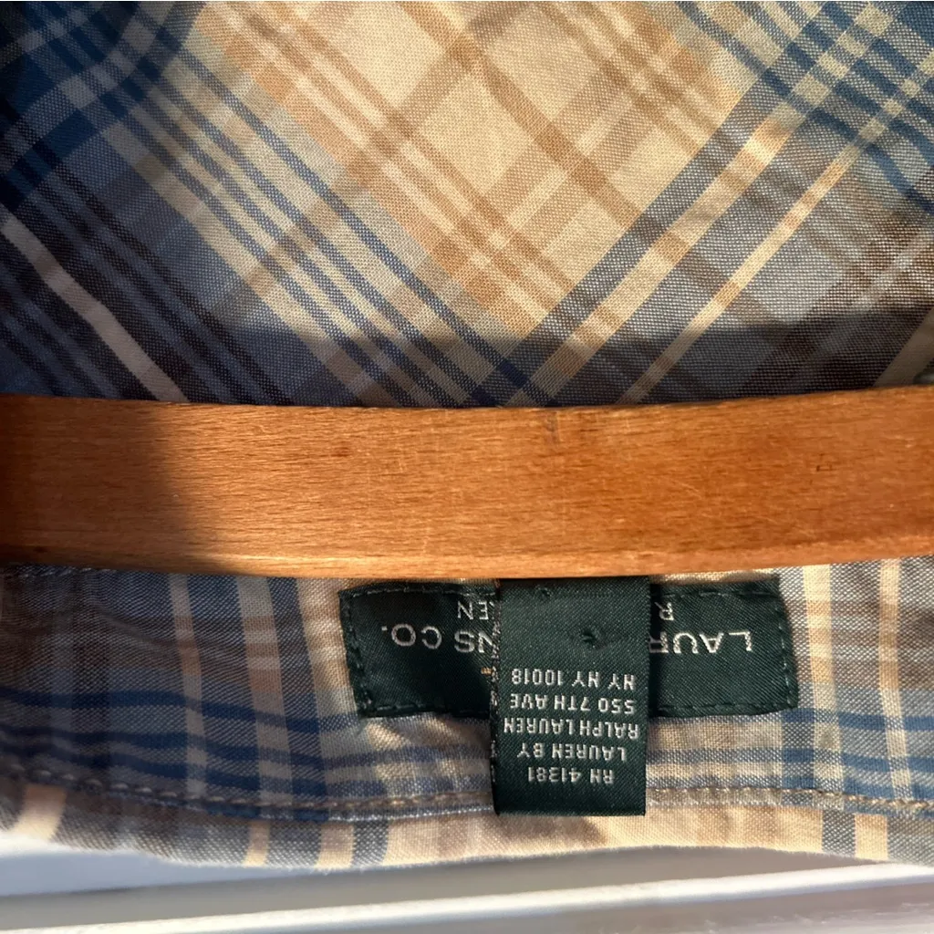 Ralph Lauren Jeans Co Blue Tan Khaki Plaid  women’s Cotton Shirt Large - Image 3